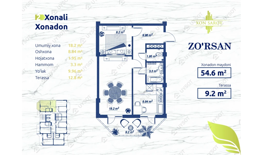 2-xonali xonadon 54.6 m²  15/15 qavat