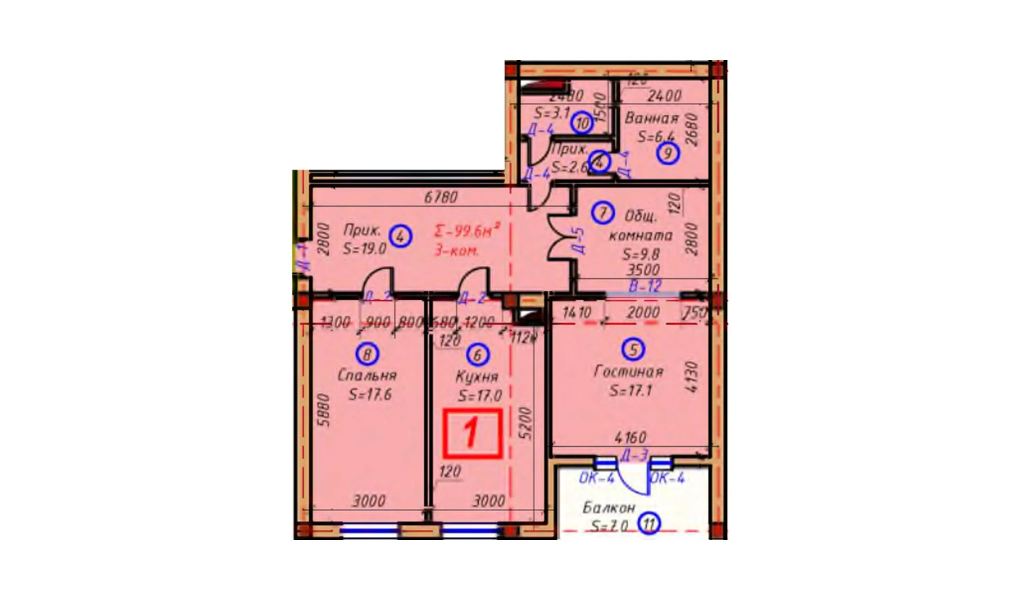 3-xonali xonadon 99.6 m²  5/5 qavat