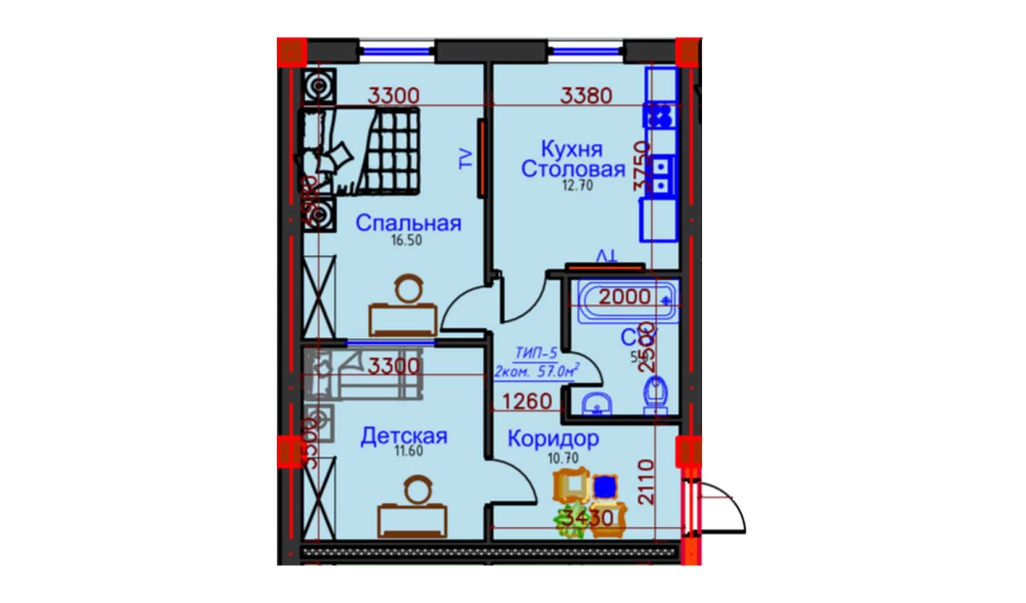 2-xonali xonadon 57 m²  1/1 qavat