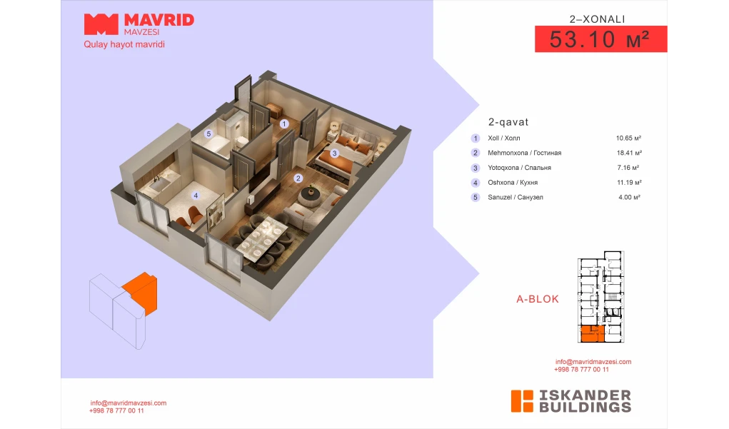 2-комнатная квартира 53.1 м²  2/2 этаж