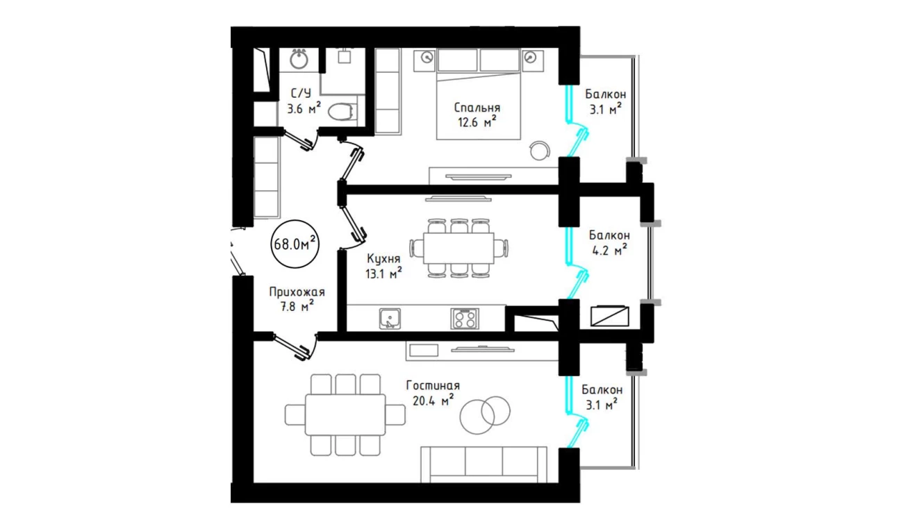 2-комнатная квартира 68 м²  6/6 этаж