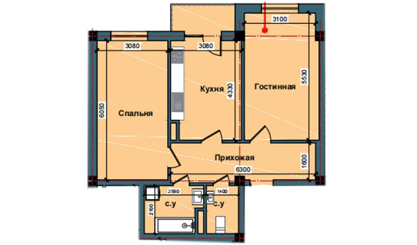 2-комнатная квартира 75 м²  5/11 этаж