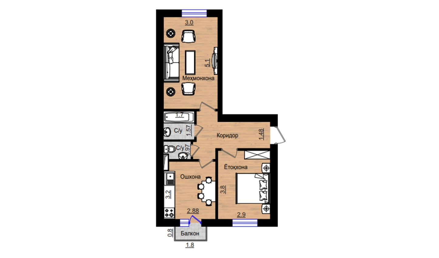 2-комнатная квартира 57.26 м²  3/3 этаж