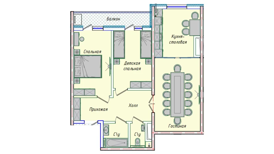 3-комнатная квартира 74.14 м²  10/10 этаж