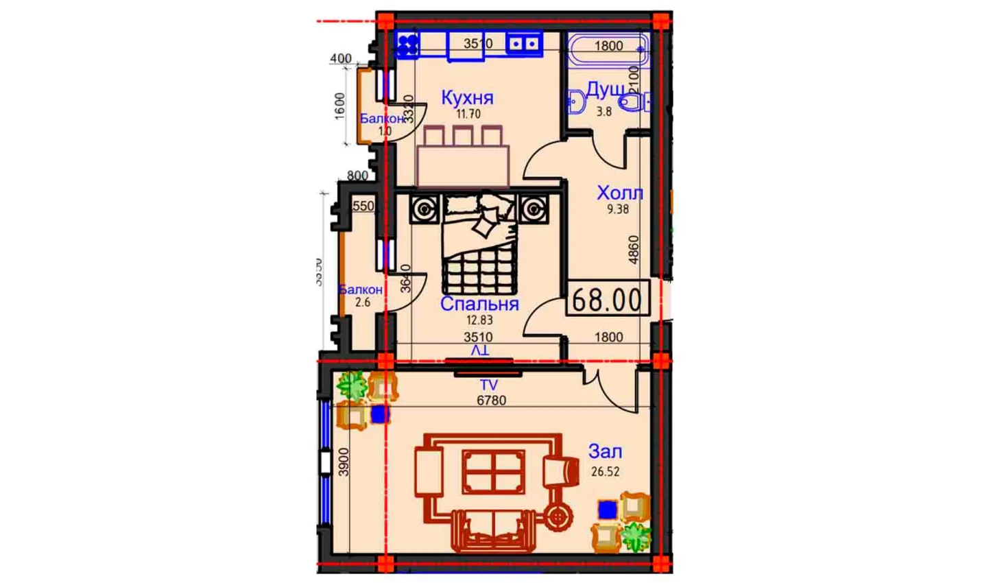 2-комнатная квартира 68 м²  2/2 этаж