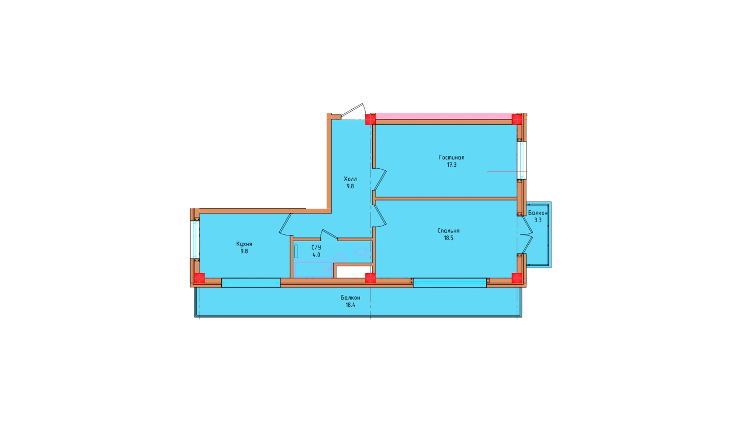 2-комнатная квартира 66.63 м²  3/3 этаж