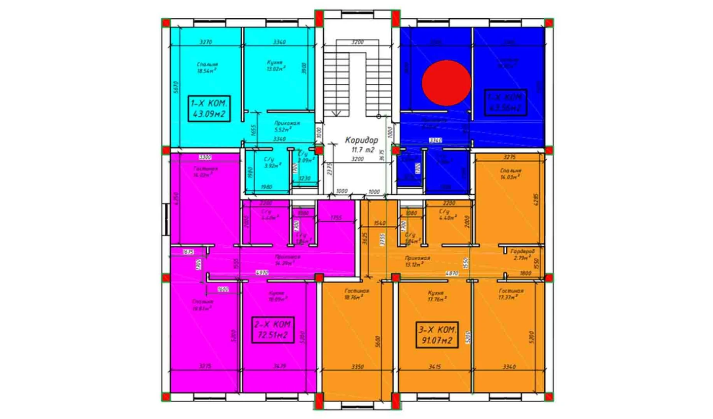 1-xonali xonadon 43.56 m²  4/4 qavat