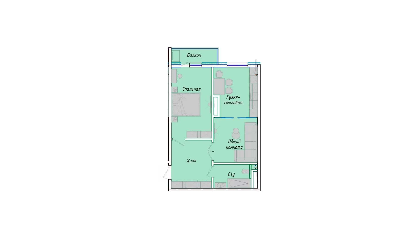 2-комнатная квартира 54.93 м²  5/5 этаж