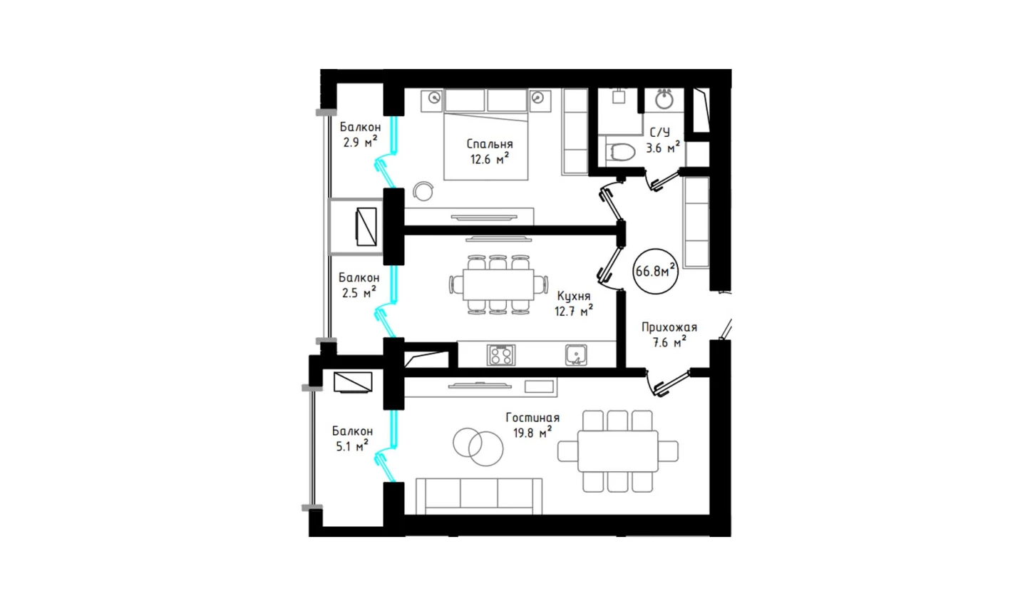 2-комнатная квартира 66.8 м²  5/5 этаж