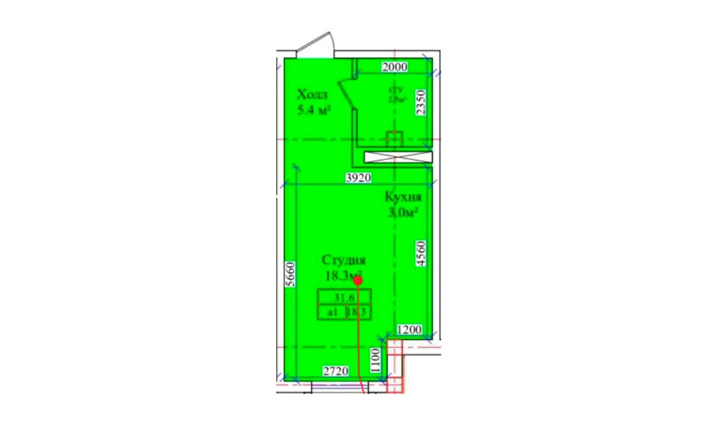 1-комнатная квартира 31.6 м²  1/1 этаж