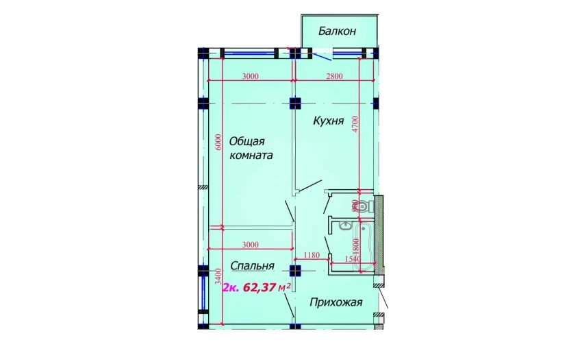 2-xonali xonadon 62.37 m²  7/9 qavat | VATAN Turar-joy majmuasi