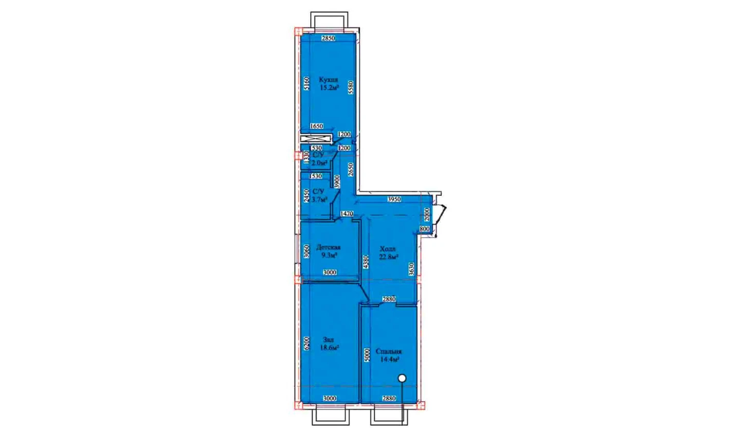 3-комнатная квартира 88.9 м²  1/1 этаж