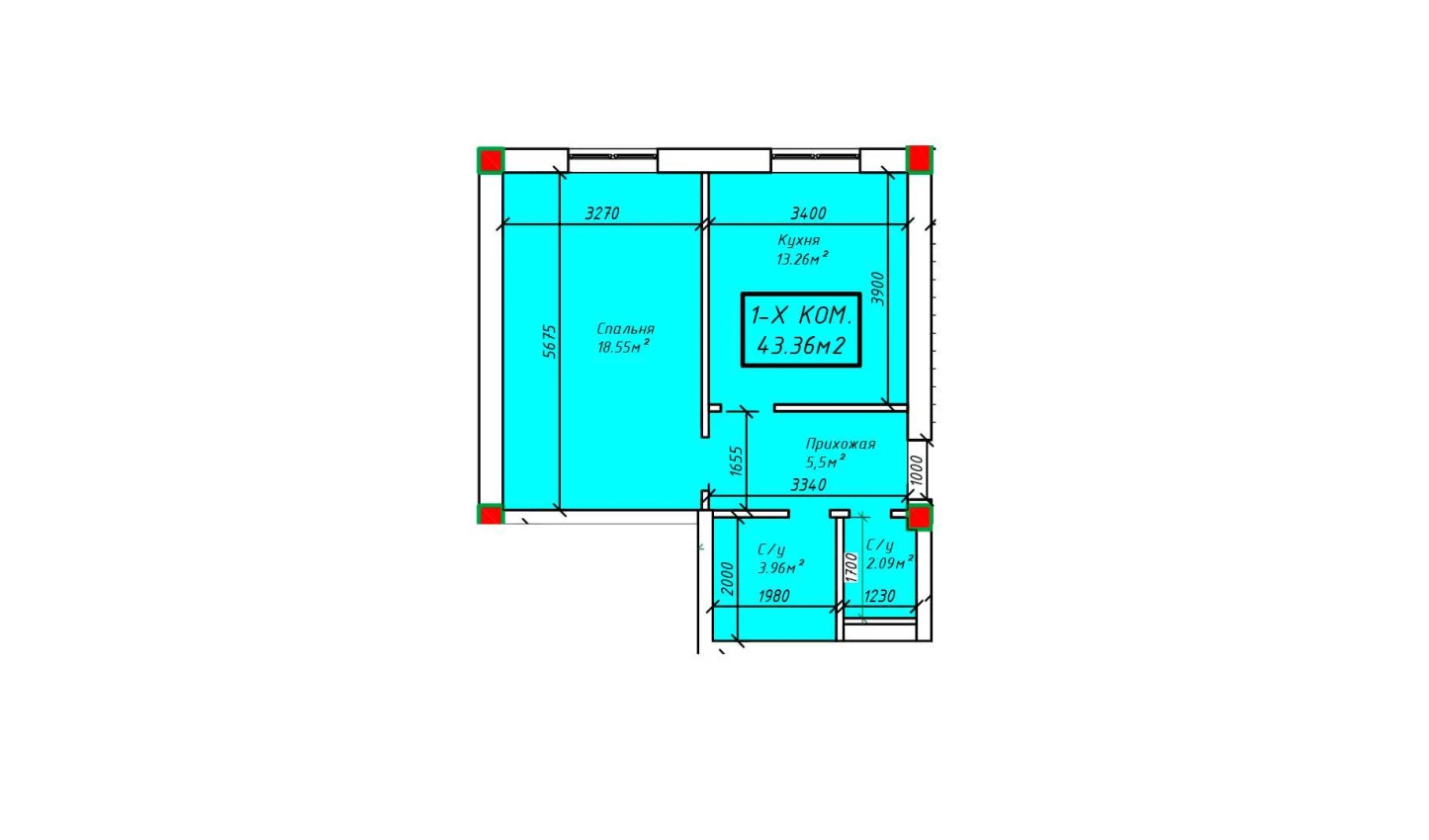 1-xonali xonadon 43.36 m²  3/3 qavat