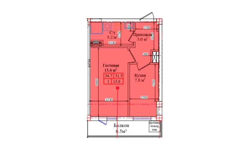 1-комнатная квартира 34.7 м²  2/2 этаж