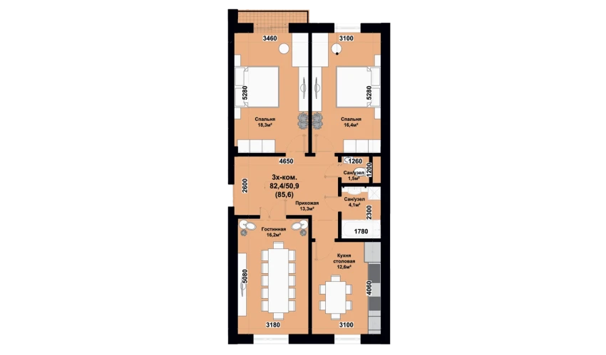 3-комнатная квартира 85.6 м²  8/8 этаж