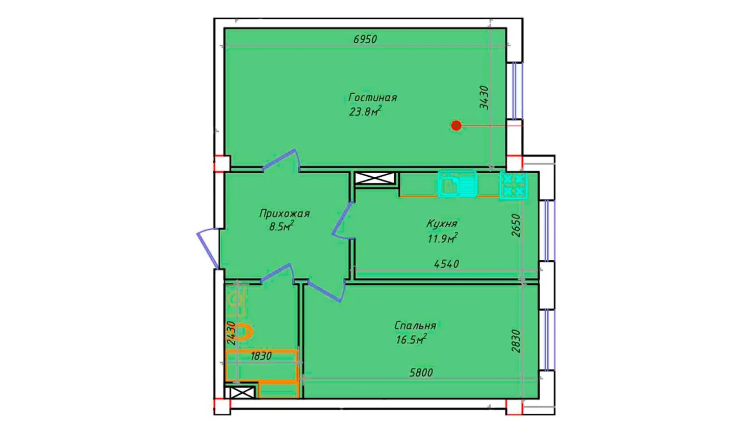 2-xonali xonadon 67.7 m²  4/4 qavat