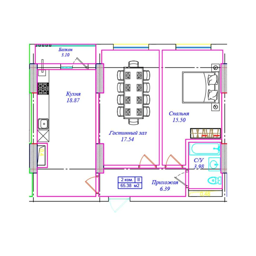 2-комнатная квартира 65.38 м²  10/10 этаж