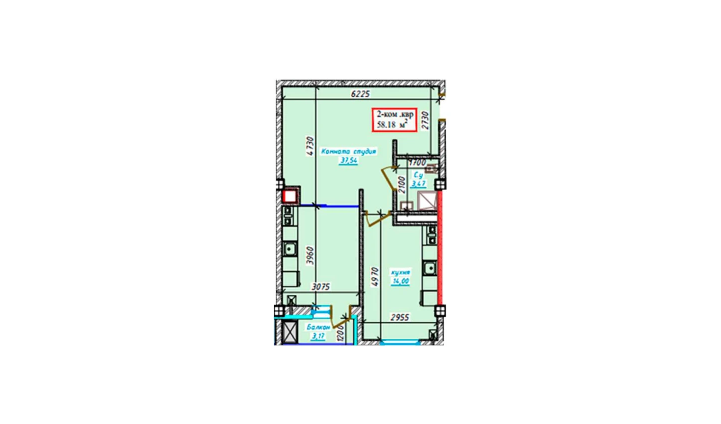 2-комнатная квартира 58.18 м²  7/7 этаж