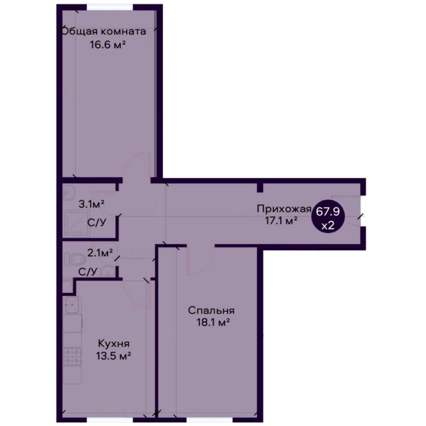 2-xonali xonadon 67.9 m²  1/1 qavat