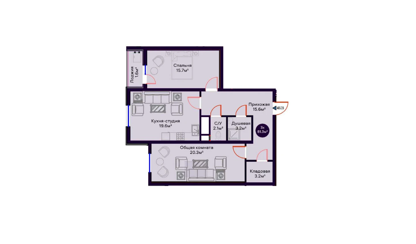 3-комнатная квартира 81.3 м²  7/7 этаж