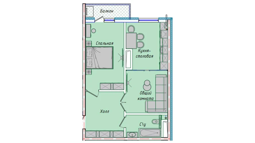 2-комнатная квартира 50.7 м²  16/16 этаж