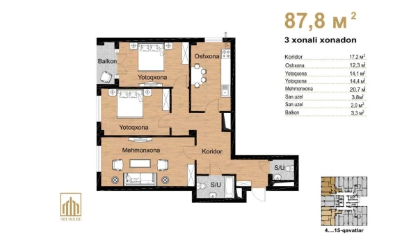 3-комнатная квартира 87.8 м²  13/16 этаж | Жилой комплекс Musaffo