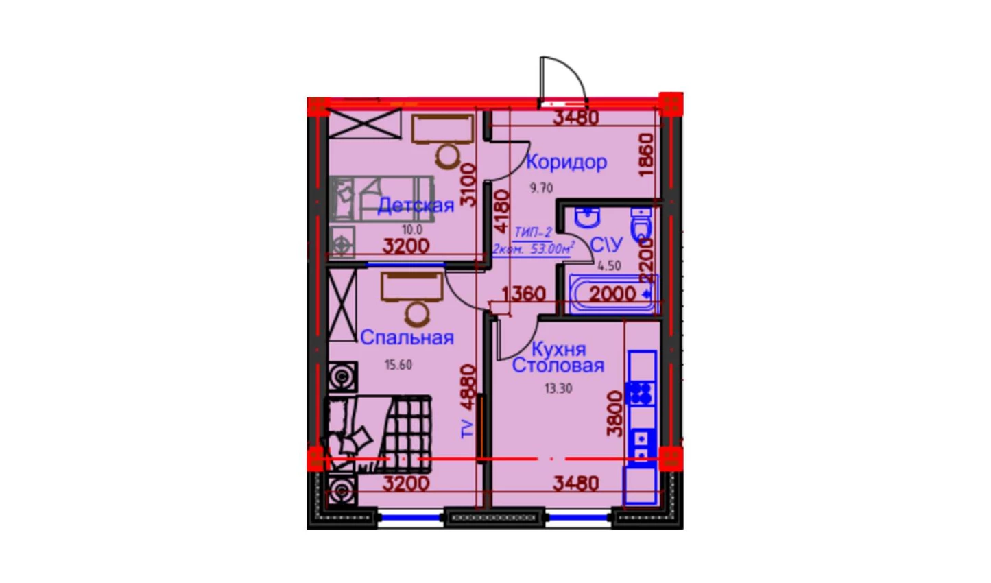 2-комнатная квартира 53 м²  9/9 этаж