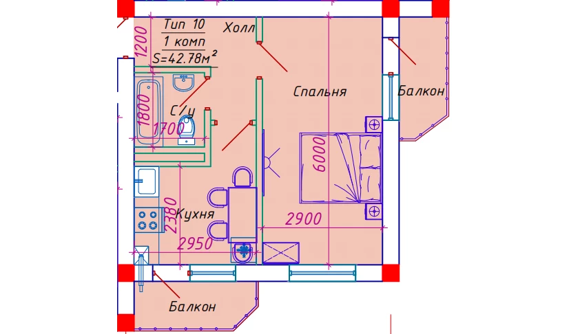 1-xonali xonadon 42.78 m²  10/10 qavat