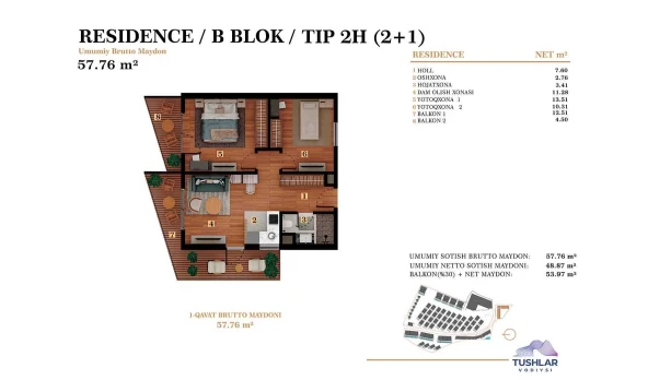 3-xonali xonadon 53.97 m²  5/6 qavat | TUSHLAR VODIYSI Turar-joy majmuasi