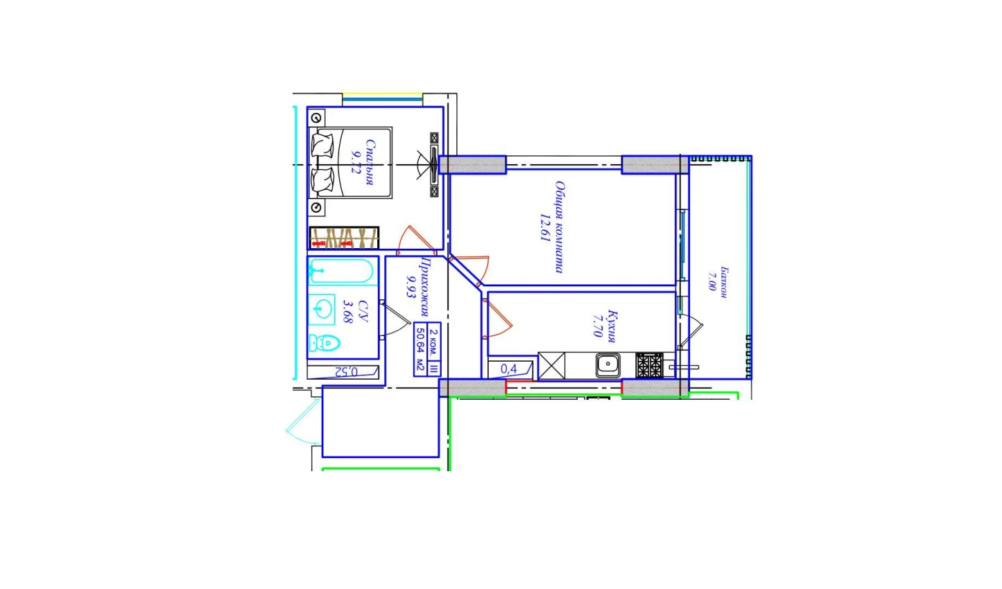 2-комнатная квартира 50.64 м²  1/1 этаж