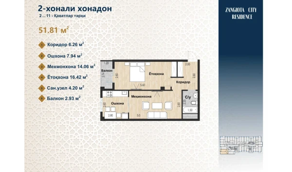 2-комнатная квартира 51.81 м²  2/12 этаж | Жилой комплекс Zangota City 1 -ETAP