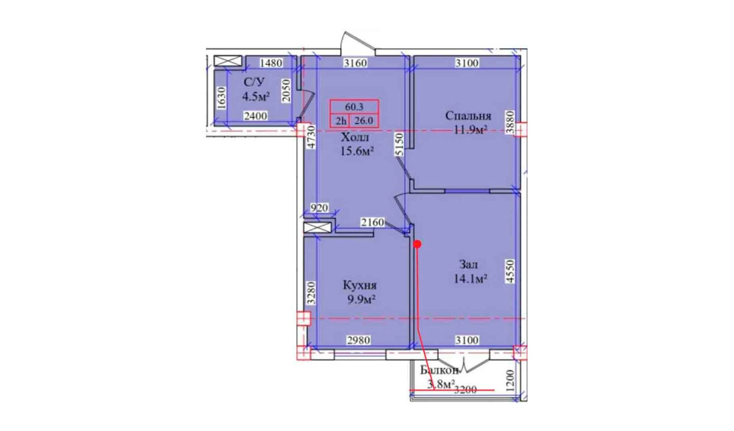 2-xonali xonadon 60.3 m²  8/8 qavat