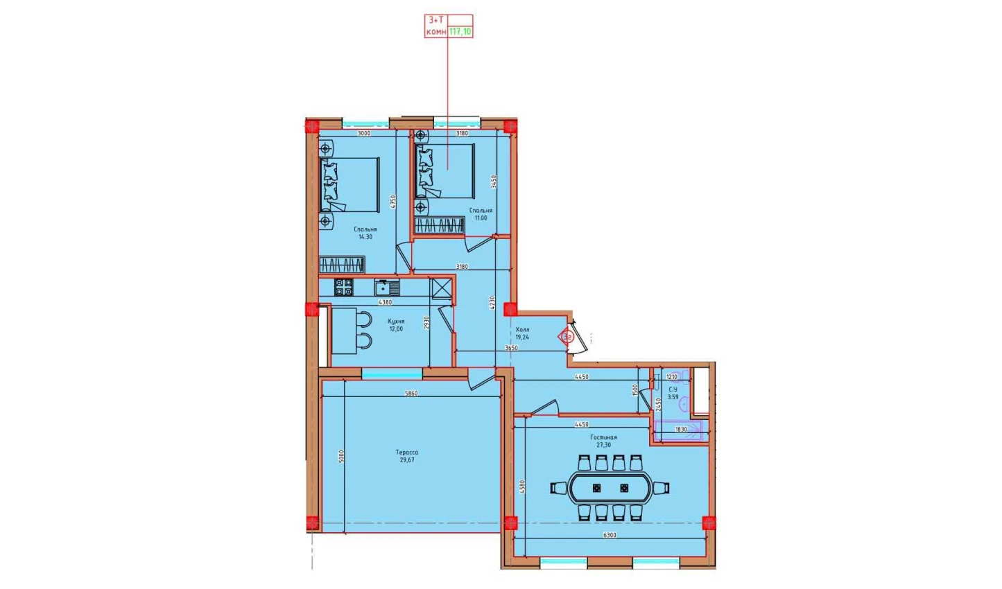 3-xonali xonadon 117.1 m²  8/8 qavat