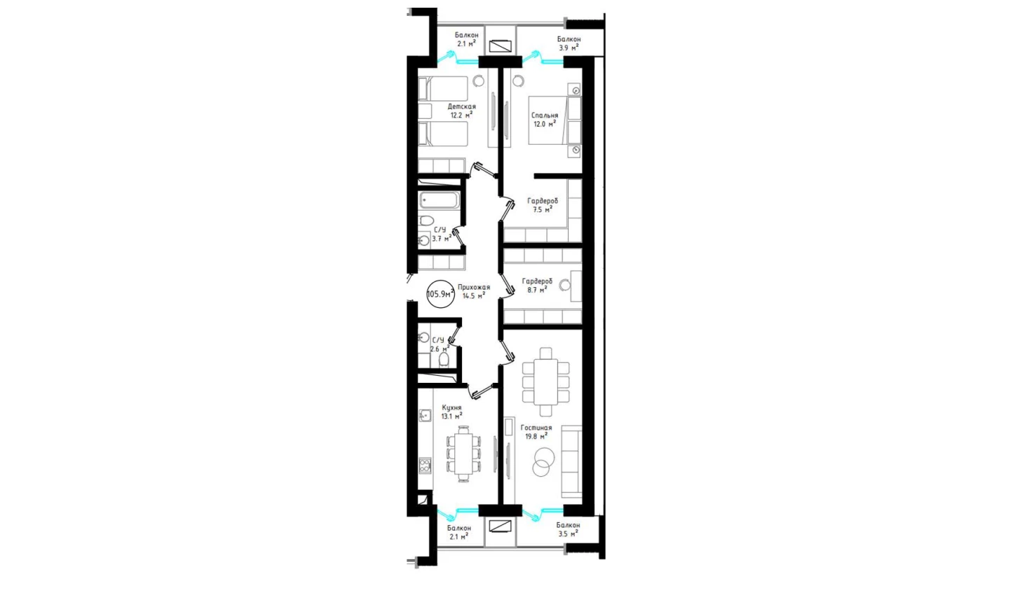 3-xonali xonadon 105.9 m²  5/5 qavat