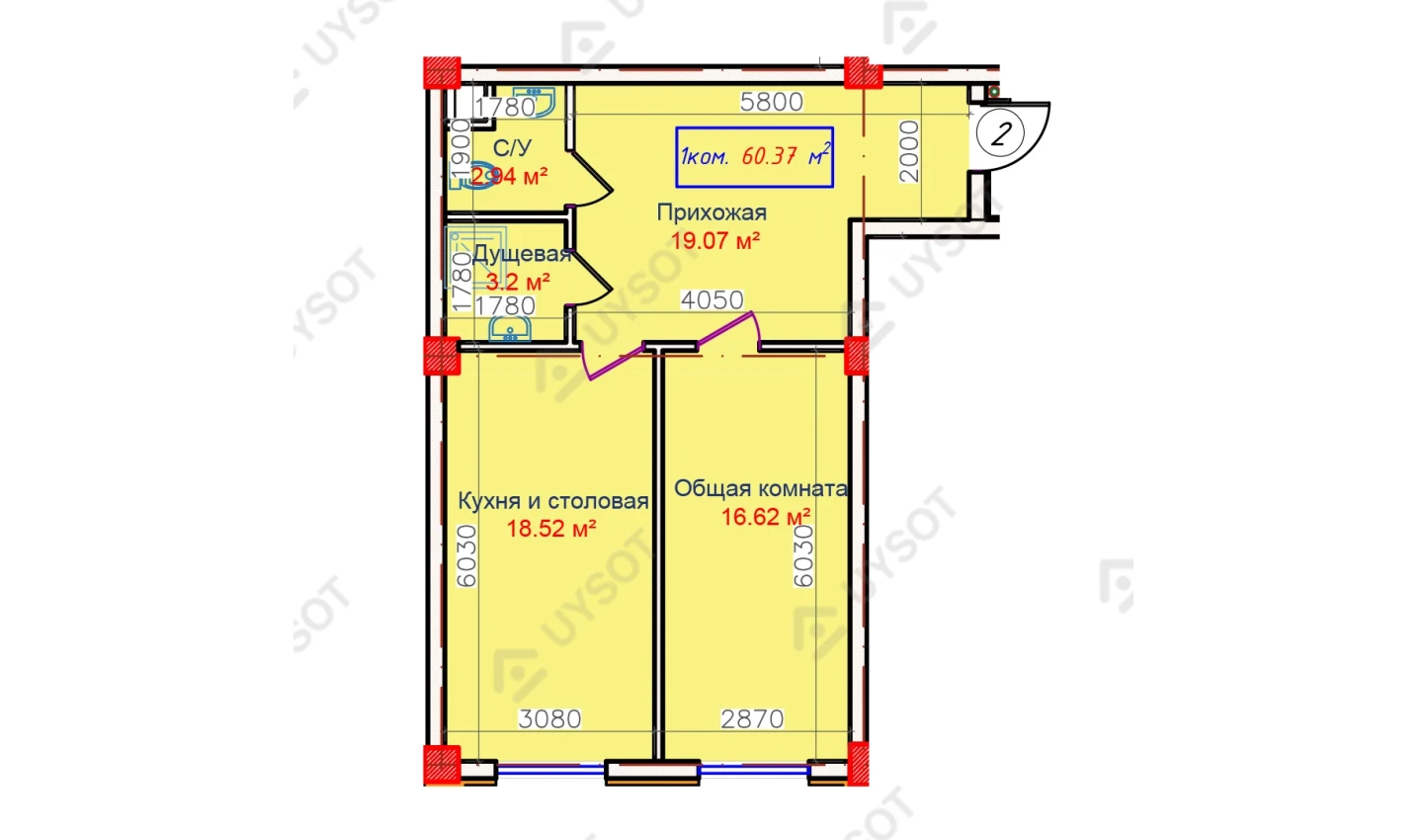 1-xonali xonadon 60.37 m²  1/1 qavat