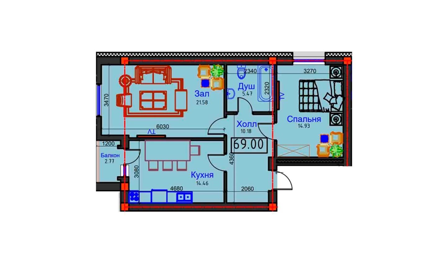 1-комнатная квартира 69 м²  2/2 этаж