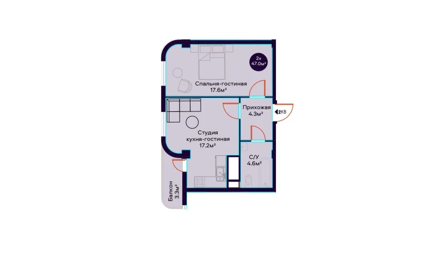 2-xonali xonadon 47 m²  16/16 qavat | Havas Premium Turar-joy majmuasi