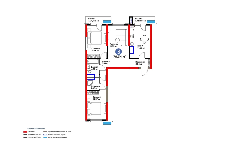 3-комнатная квартира 79.34 м²  4/4 этаж