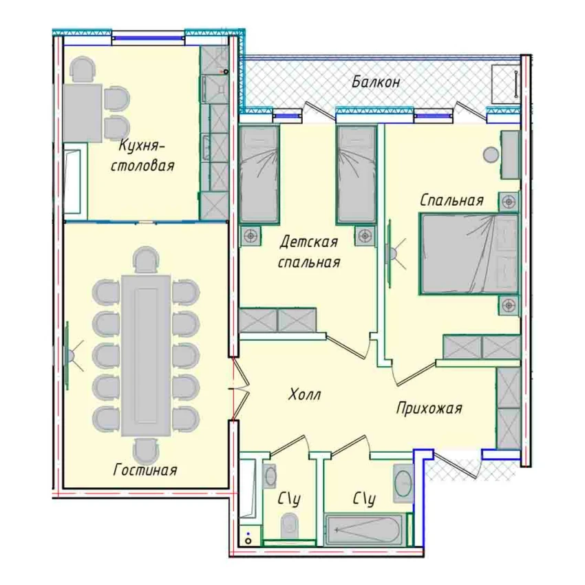 3-xonali xonadon 74.14 m²  16/16 qavat