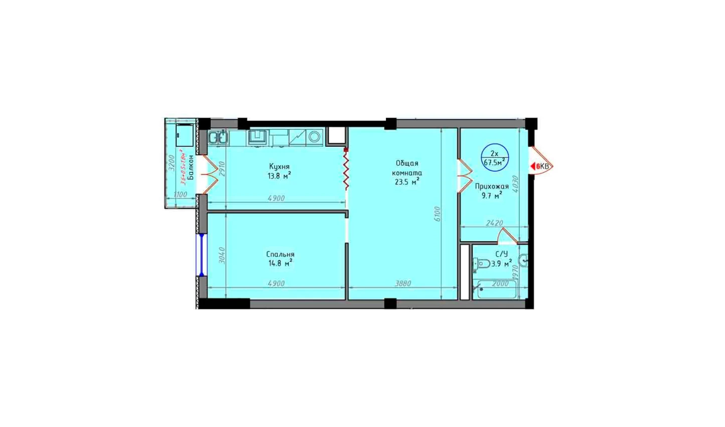 2-комнатная квартира 67.5 м²  5/5 этаж