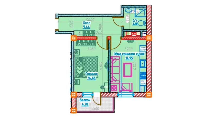 2-xonali xonadon 42.9 m²  2/13 qavat | Al-Qasr Turar-joy majmuasi