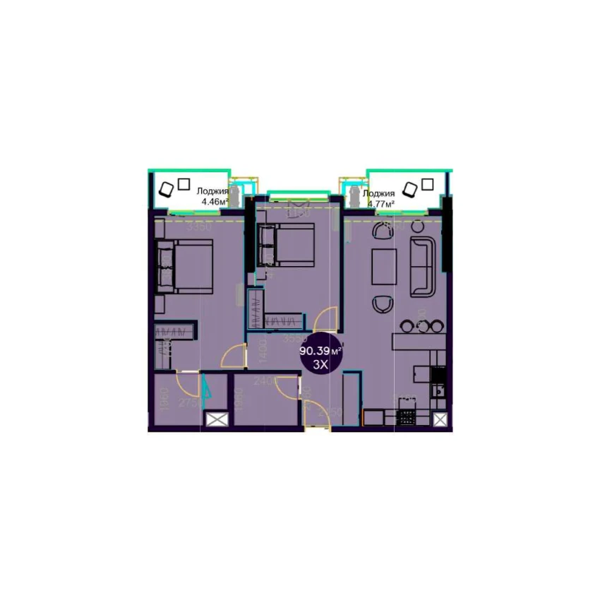 3-комнатная квартира 90.39 м²  3/3 этаж