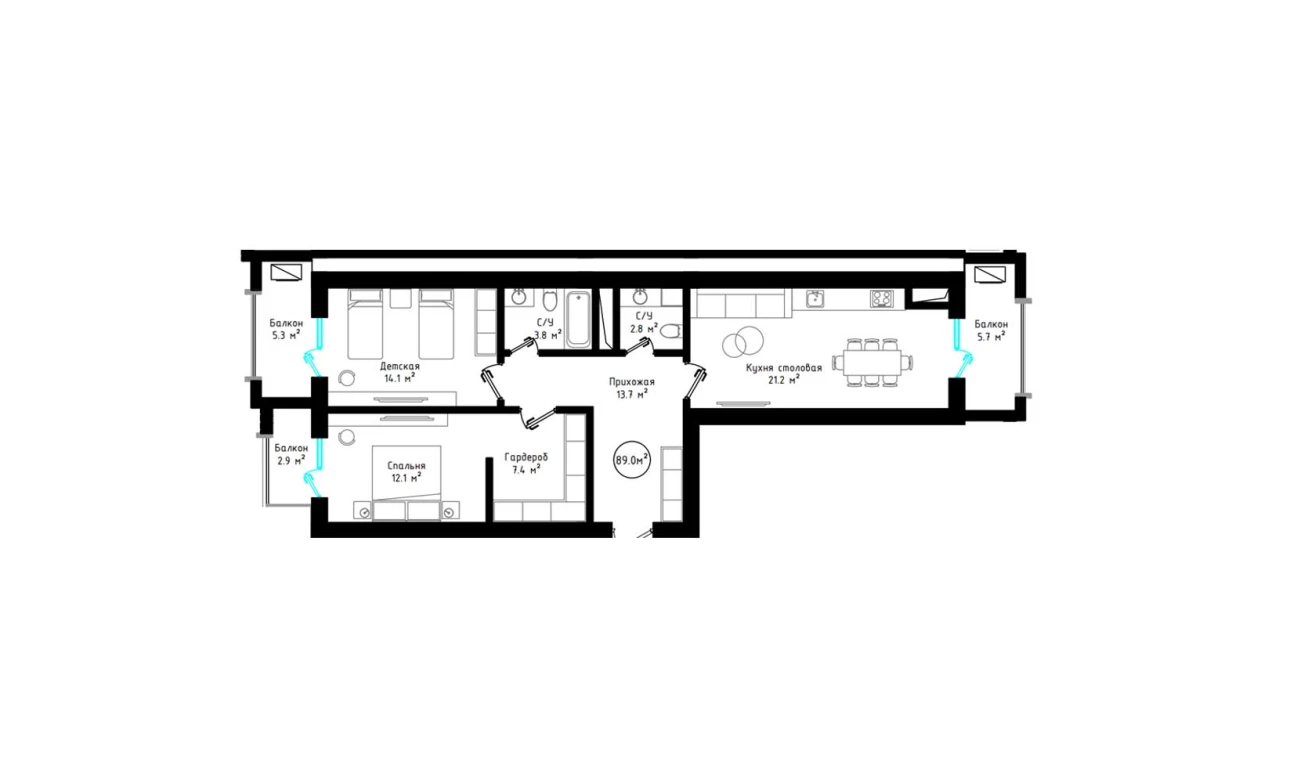 2-комнатная квартира 89 м²  6/6 этаж