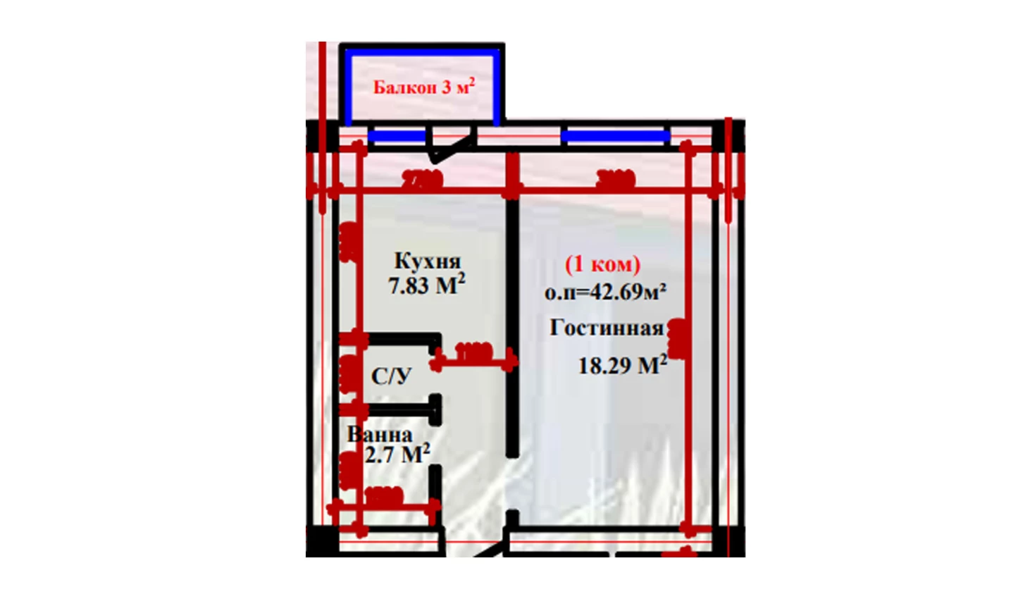 1-xonali xonadon 42.69 m²  2-9/2-9 qavat