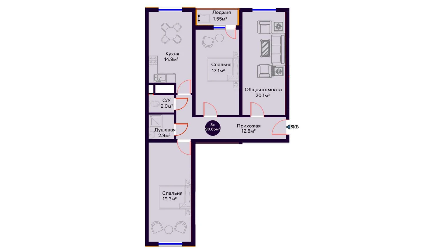 3-комнатная квартира 90.65 м²  13/13 этаж