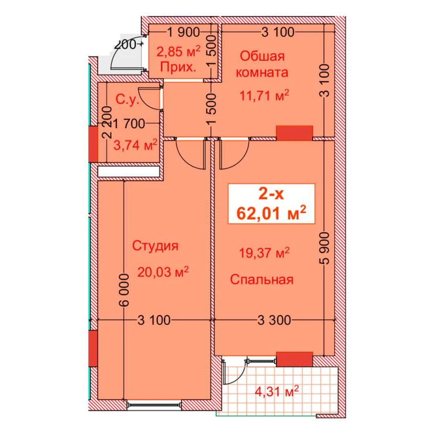 2-комн. квартира 62.01 м²  7/8 этаж | Жилой комплекс CAPITAL AVENUE