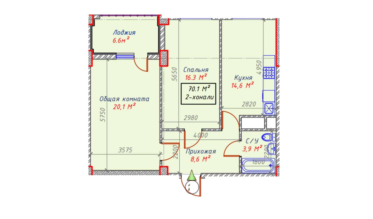 2-комнатная квартира 70.1 м²  16/16 этаж