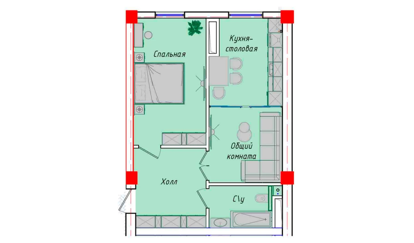 2-комнатная квартира 49.6 м²  1/1 этаж