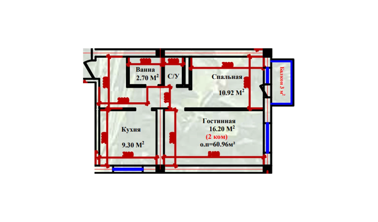 2-xonali xonadon 60.96 m²  1/1 qavat