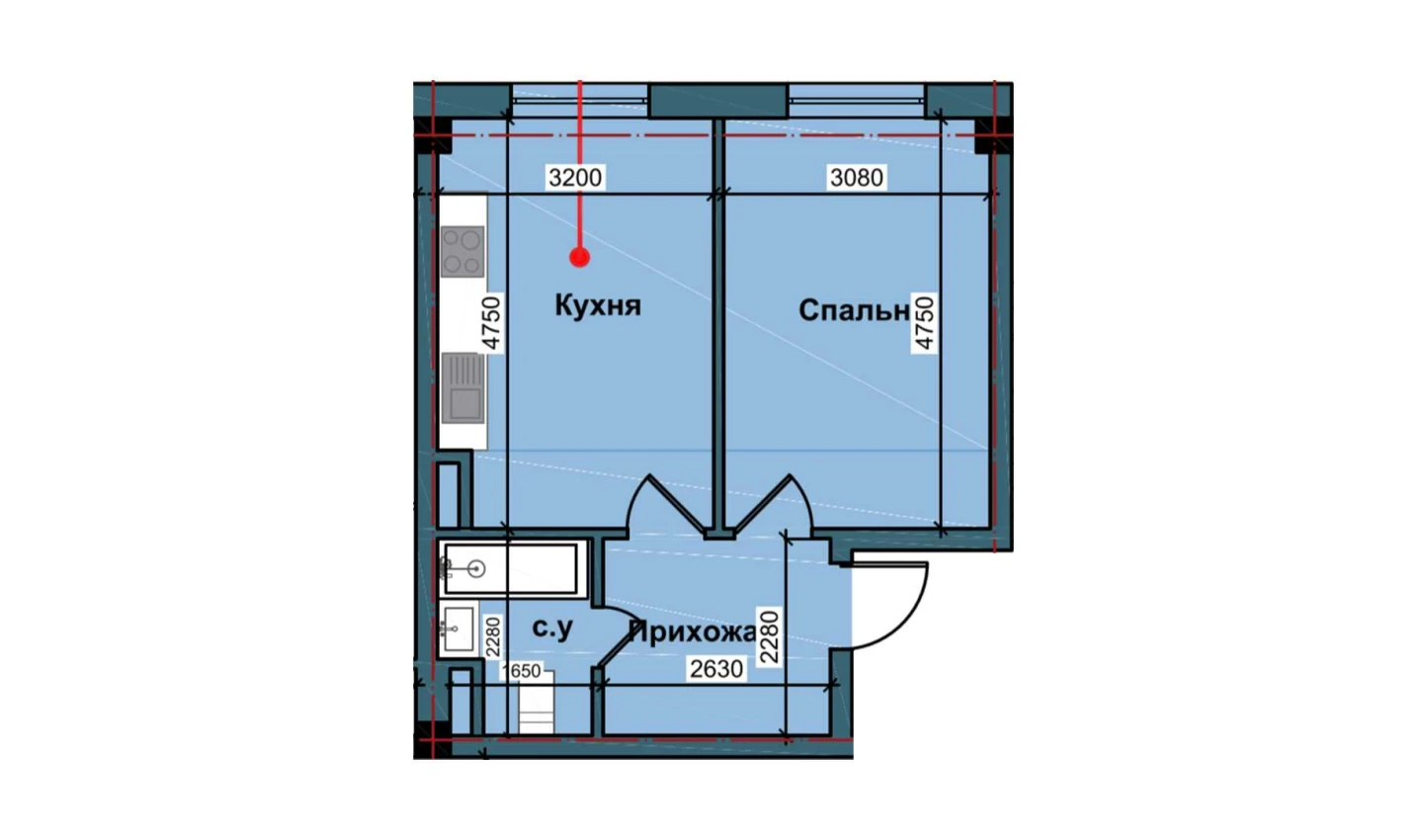 2-комнатная квартира 41 м²  1/1 этаж